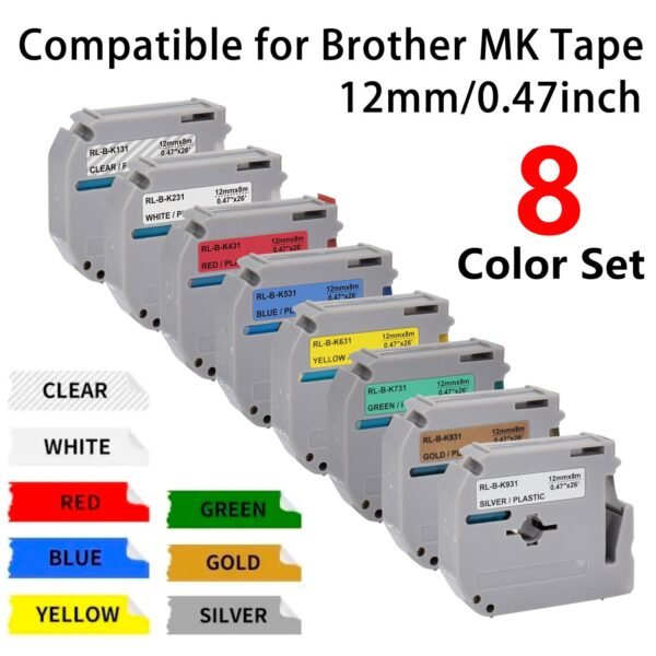 8-Pack Compatible Label Tape Replacement for Brother P-Touch M-Tape (MK Series) - 12mm (0.47") Multicolor Combo Set for PT-M95, PT-90, PT-70 Label Makers