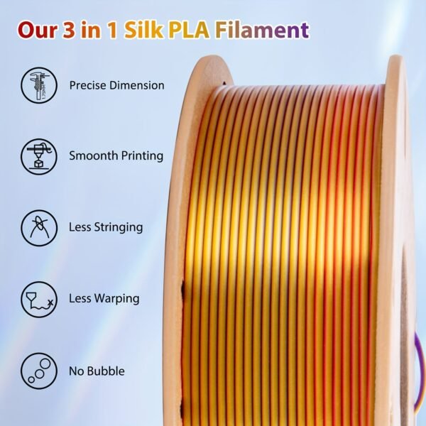 Triple Color Silk PLA Filament 1.75mm - Red, Golden, Purple Co-extruded 3D Printer Filament (250g/0.55lbs Cardboard Spool)