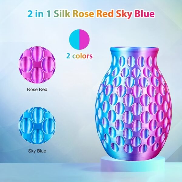 Dual Color Silk PLA Filament 1.75mm - Rose Red & Sky Blue Co-extruded 3D Printer Filament (250g Cardboard Spool)