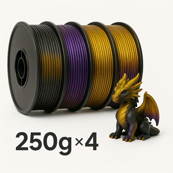 Silk Dual & Tri-Color PLA Filament Bundle - High Gloss Black/Purple & Black/Purple/Gold Co-extruded 3D Printer Filament (4 Spools x 255g, 1.02kg Total)