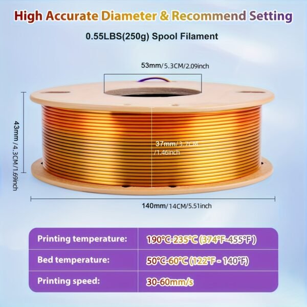 Triple Color Silk PLA Filament 1.75mm - Red, Golden, Purple Co-extruded 3D Printer Filament (250g/0.55lbs Cardboard Spool)