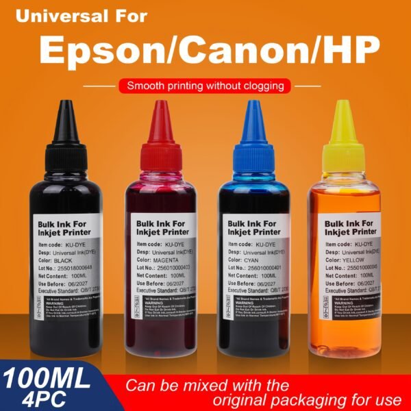 Universal Refill Dye Ink Kit 4x100ml (3.38oz) - Compatible with Epson, Canon, HP, Brother Inkjet Printers (Black, Cyan, Magenta, Yellow)
