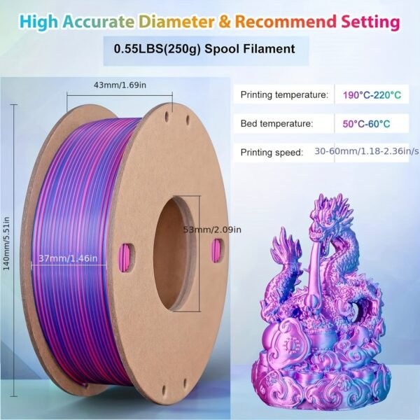 Dual Color Silk PLA Filament 1.75mm - Rose Red & Sky Blue Co-extruded 3D Printer Filament (250g Cardboard Spool)