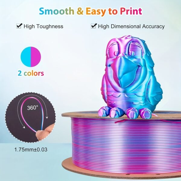 Dual Color Silk PLA Filament 1.75mm - Rose Red & Sky Blue Co-extruded 3D Printer Filament (250g Cardboard Spool)